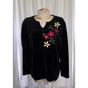 Bechamel Black Floral Velour Christmas Pullover Long Sleeve Top Size XL